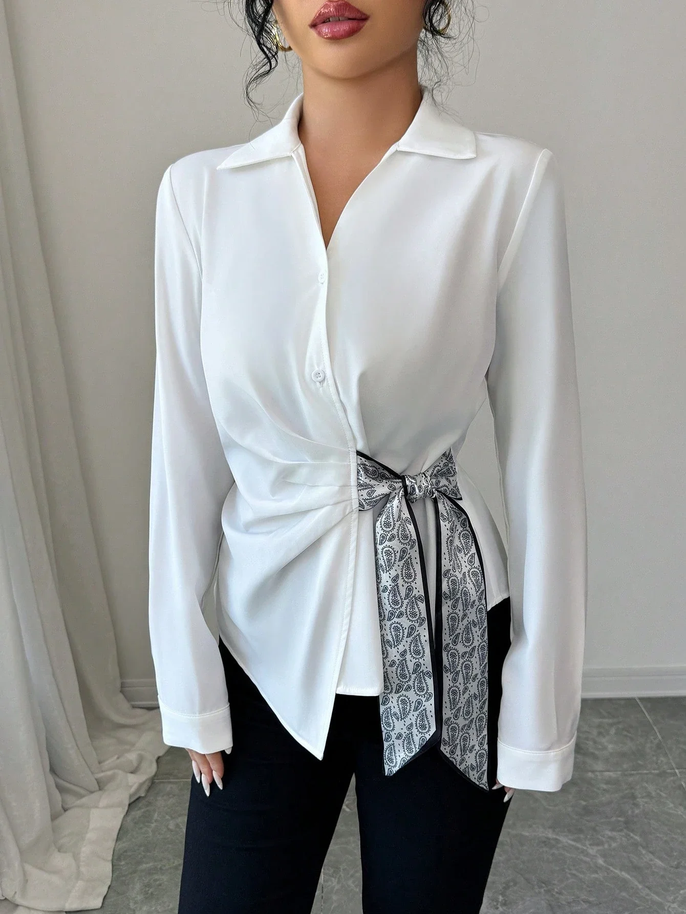 

Женская асимметричная блузка с длинными рукавами и узором пейсли, с завязками по бокам