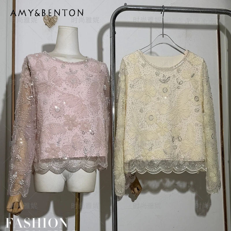 

Beautiful Sweet Stage Style Sequin Beaded Lace Blouse Floral Butterfly Long Sleeves Crew Neck Versatile Romantic Pearl Top Shirt