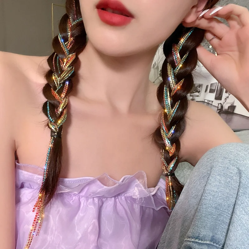 2023 New Flashing Coloful Diamond Chain Tassel Hairpin Braided Hair Headdress Tassel Hairpin High Sense Dirty Braided Hairband