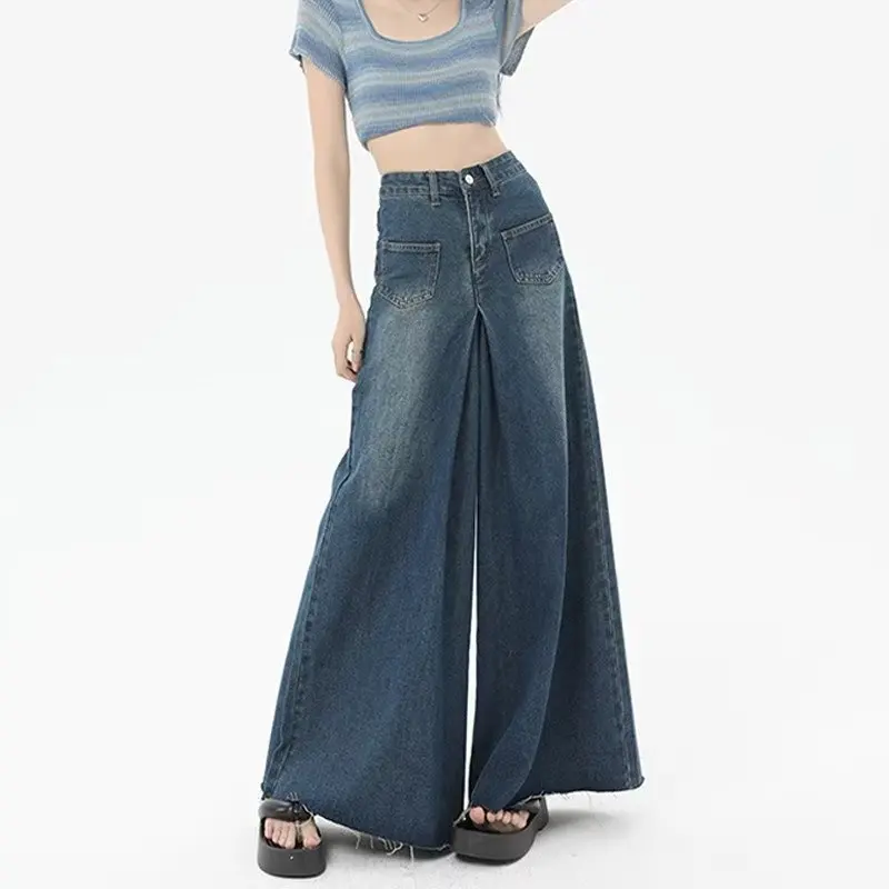 2024 primavera autunno donna Jeans lavati con bordo di lana pantaloni in Denim a gamba larga a vita alta Harajuku Street pantaloni con gonna lunga da donna