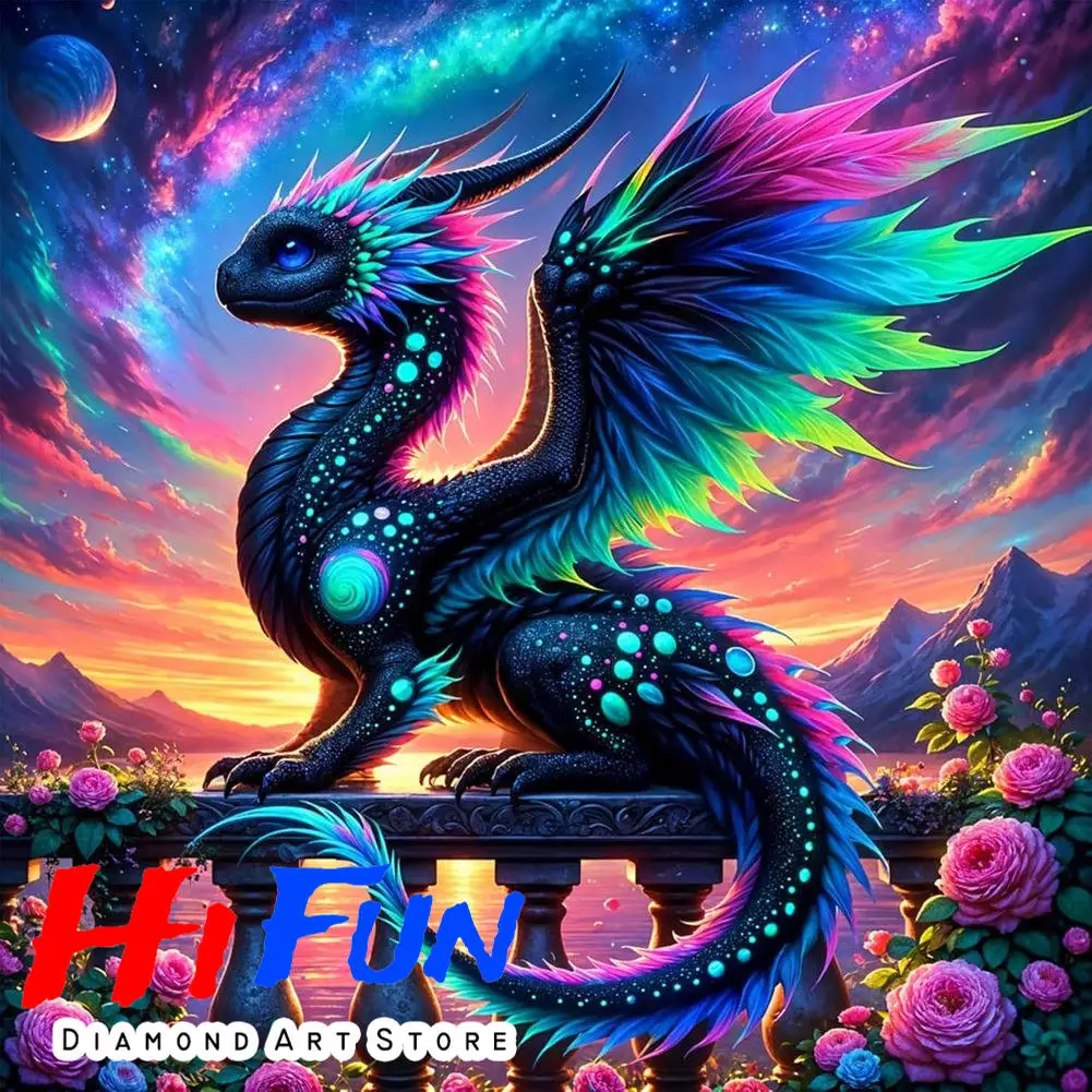 

5D Fantasy Diamond Painting Kit Rainbow Celestial Dragon DIY Diamond Embroidery Whimsical Poster for Kids Room Decor