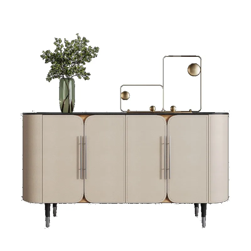 Italian minimalist entrance cabinet, saddle leather dining side cabinet, large-capacity storage cabinet, rock slab decorative ca