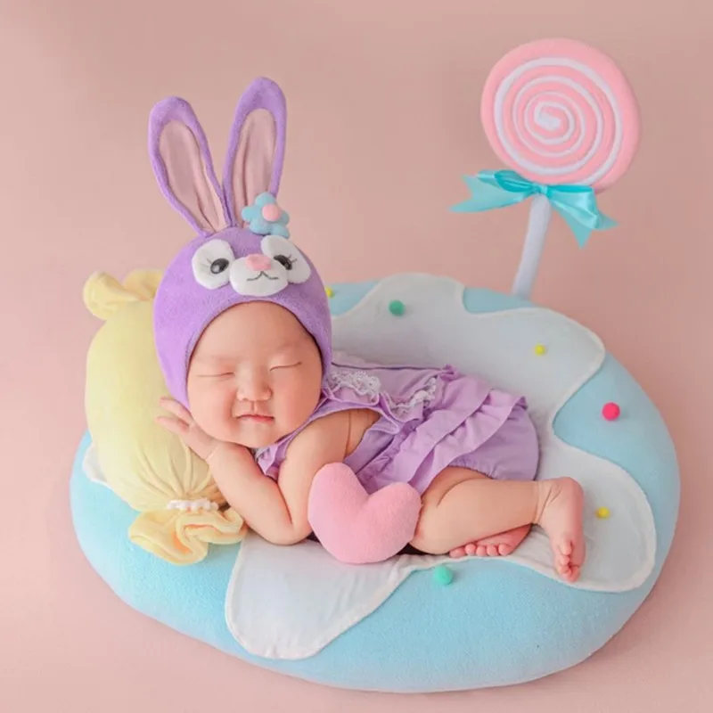 ❤️Newborn Photography Clothing Bunny Hat+Jumpsuit+Circle+Pillow+Lollipop+Love prop Studio Baby Girl Photo Props Accessories