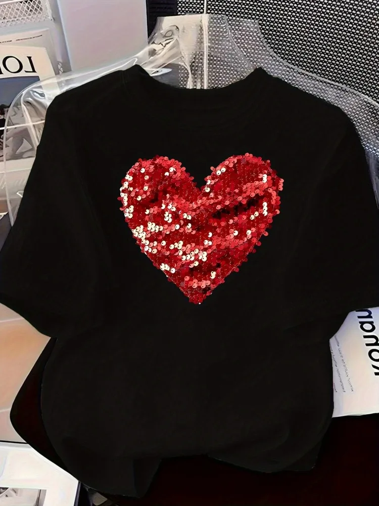 المرأة على شكل قلب نمط قصيرة الأكمام تي شيرت الأحمر الترتر العصرية تي شيرت مطبوع ملابس غير رسمية والحفلات موضة قصيرة الأكمام #1