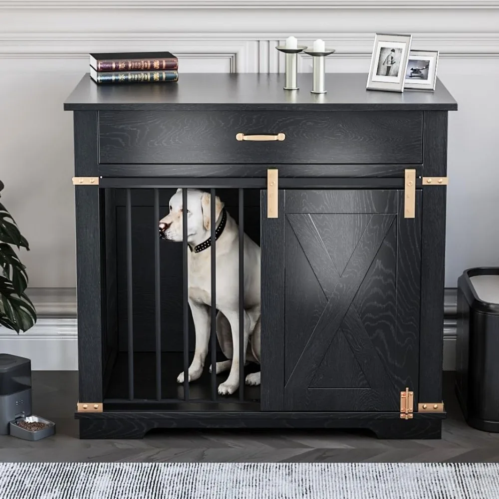 

LZUUOB 37.8'' Dog Crate Furniture with Storage Drawer, Decorative Wooden Dog Kennel with Sliding Barn Door, Indoor Water Resista
