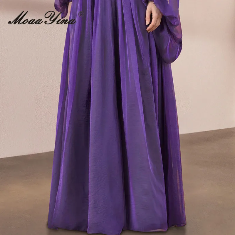 MoaaYina Autumn Fashion Designer Purple Elegant Party Dress Women Stand Collar Long Sleeve Elastic Waist Slim Pleated Long Dress