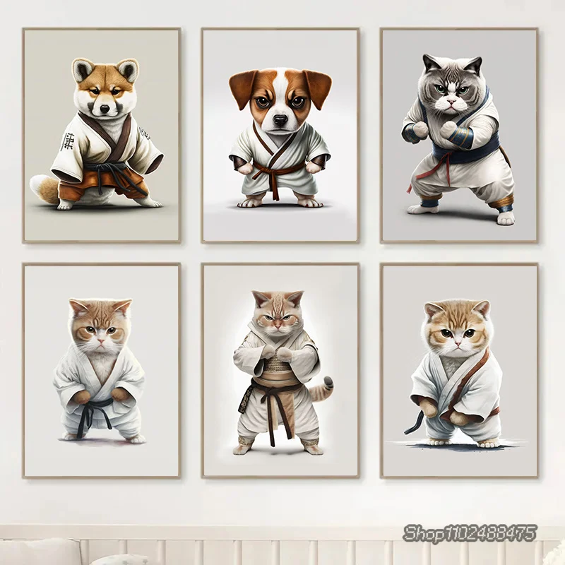 Cute Style Karate Superb Animals Poster Art Canvas Painting Nordic Prints Cat Dog Pets Wall Painting Kids Room Home Decoration