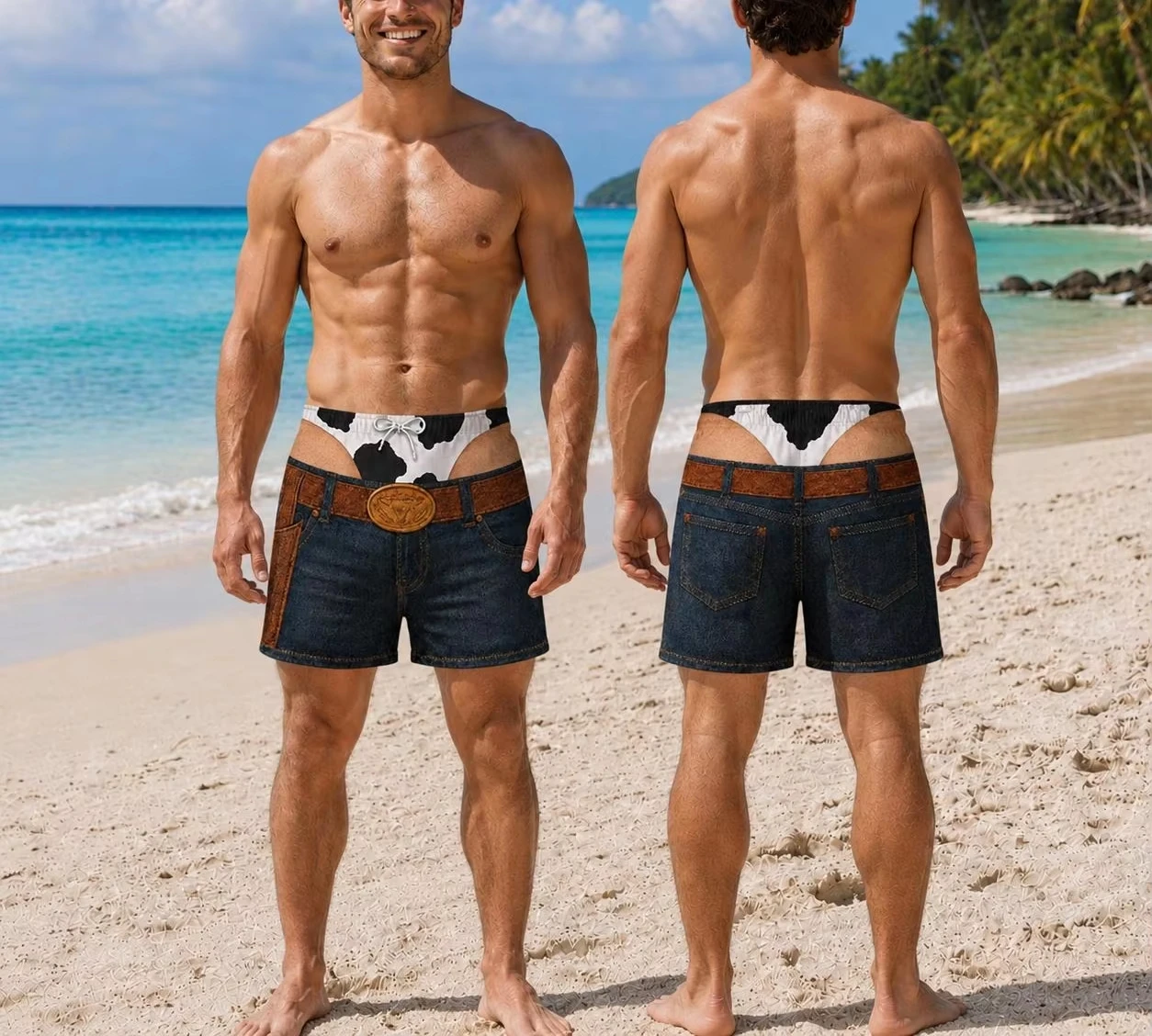 Funny Cowboy Men’s Swim Trunks, Fake Underwear Beach Shorts, Western Bachelor Party Gag Gift Him, Pool Party Outfit for Him Moto