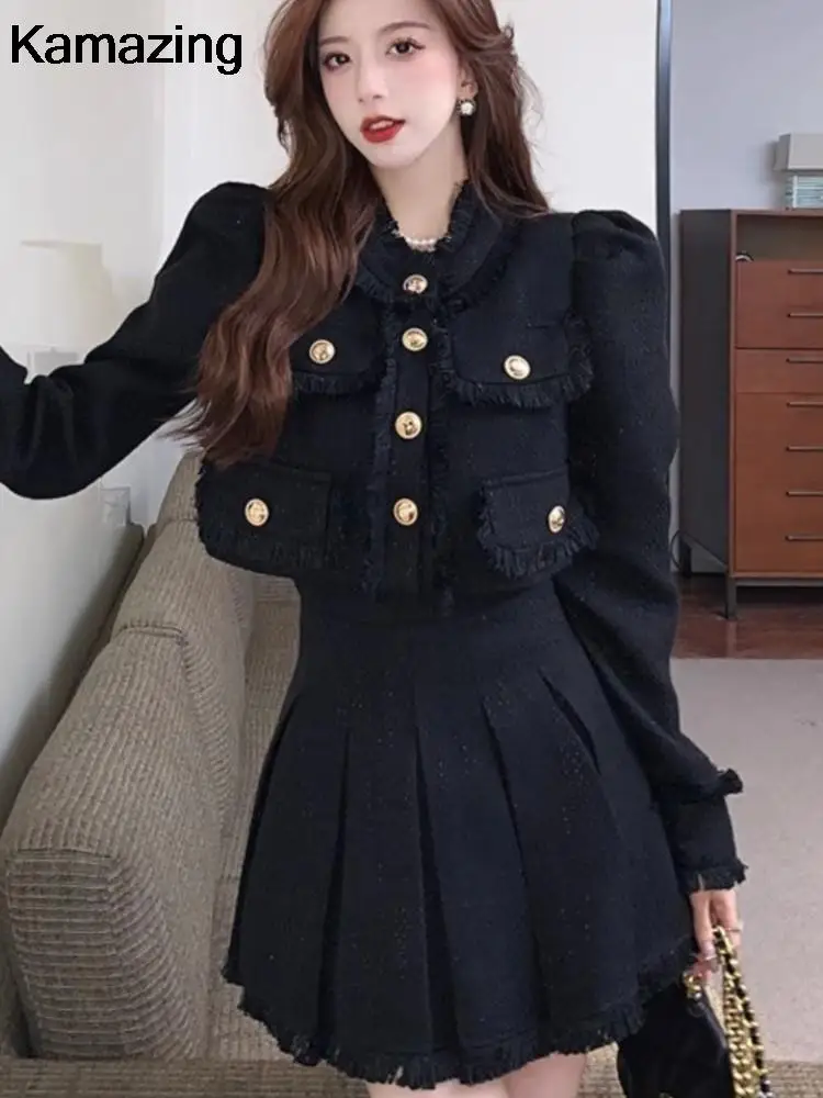 Elegant Tweed Suit 2-piece Skirt Set Autumn Winter New French Style Cropped Jacket Coat Mini Skirt Korean Fashion Female Outfits