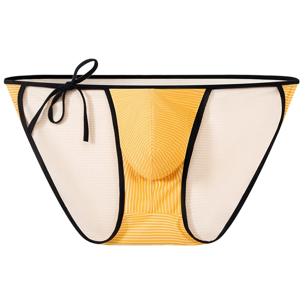Male Transparent Mesh Side Tie Briefs See Through Striped Underwear Bulge Pouch Low Rise Panties Elastic Trim Lingerie