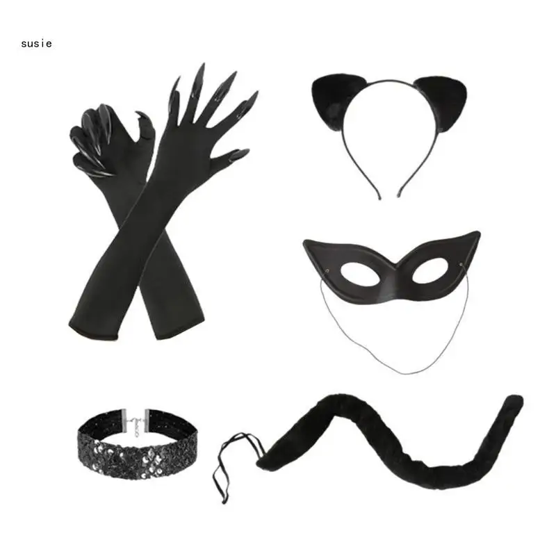 

X7YA Cats Ear Headband Choker Cats Claw Gloves Tails Halloween Catwomen Accessories