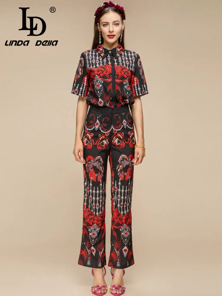 LD LINDA DELLA Summer Runway Fashion Black Pants Set Women Short sleeve Printed Tops and High waist pants 2 Pieces Set