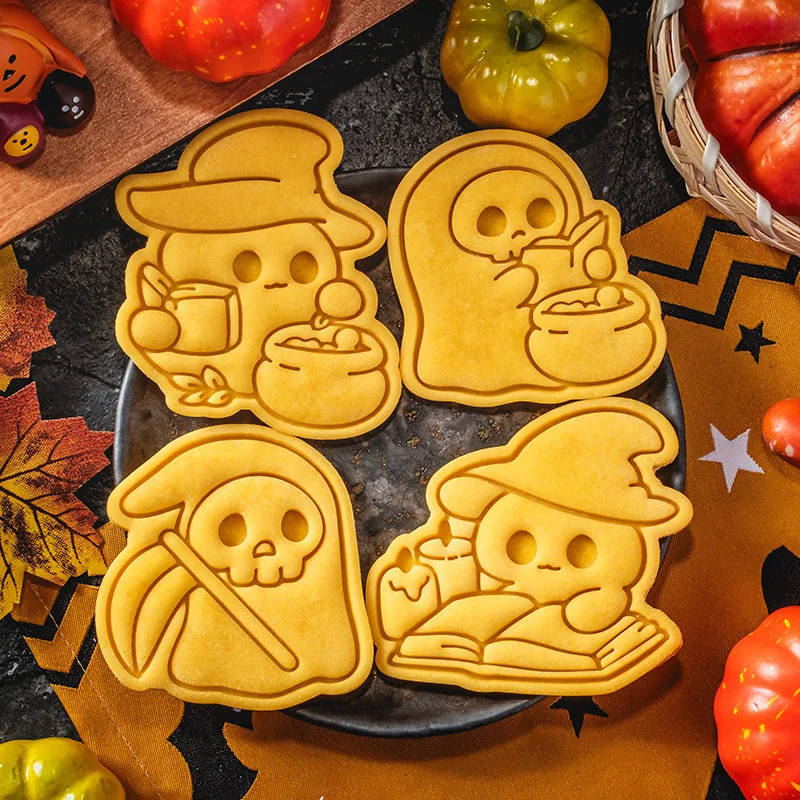 

Cartoon Halloween Skull Cookie Cutters Pressable Biscuit Mold DIY Kitchen Baking Pastry Bakeware