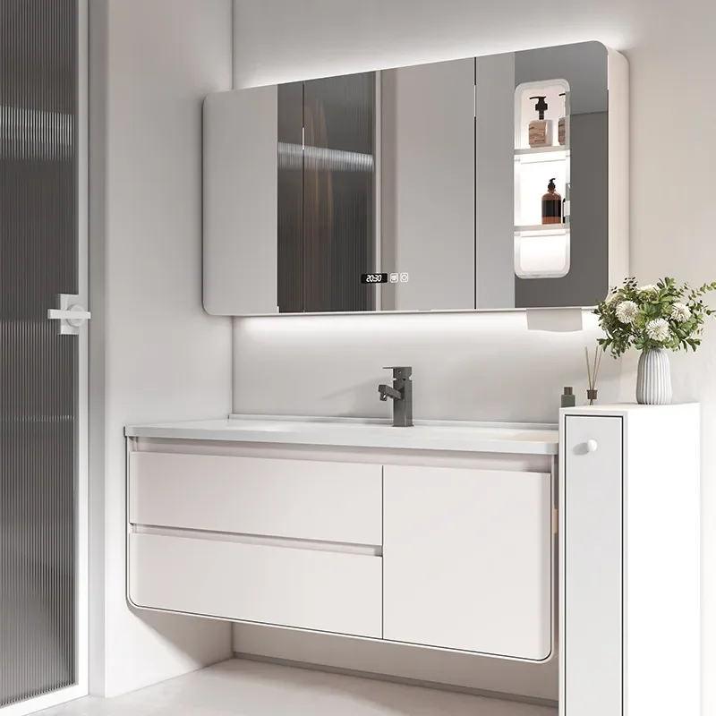 Custom Oak Bathroom Cabinet with Integrated Ceramic Washbasin Modern Vanity Unit Sink Combo for Home Bathroom Furniture