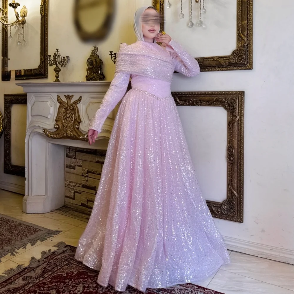 Maßgeschneidertes Luxus-Abendkleid mit Langen Ärmeln Pailletten-Plissee A-Linie Lange Kleider Elegante Party-Hochzeitskleider von Hoher Qualität