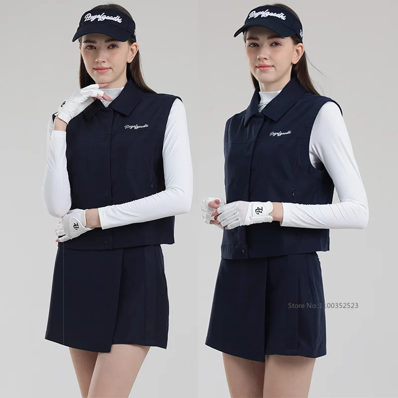 PL Golf Women Sleeveless Jacket Windproof Polo Vest Ladies Long Sleeve Solid Tops A-Line Split Skirt with Short Tennis Golf Wear