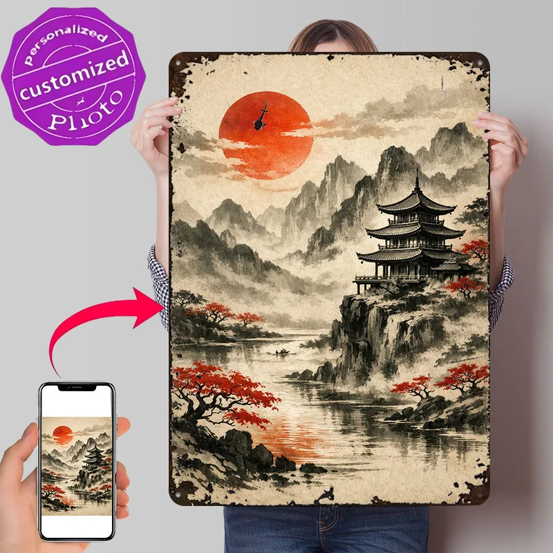 Japanese Pagoda Overlooking Misty Mountains 3D Texture Printed Poster Custom Vintage Metal Tin Plate Sign for Wall Art Man Cave