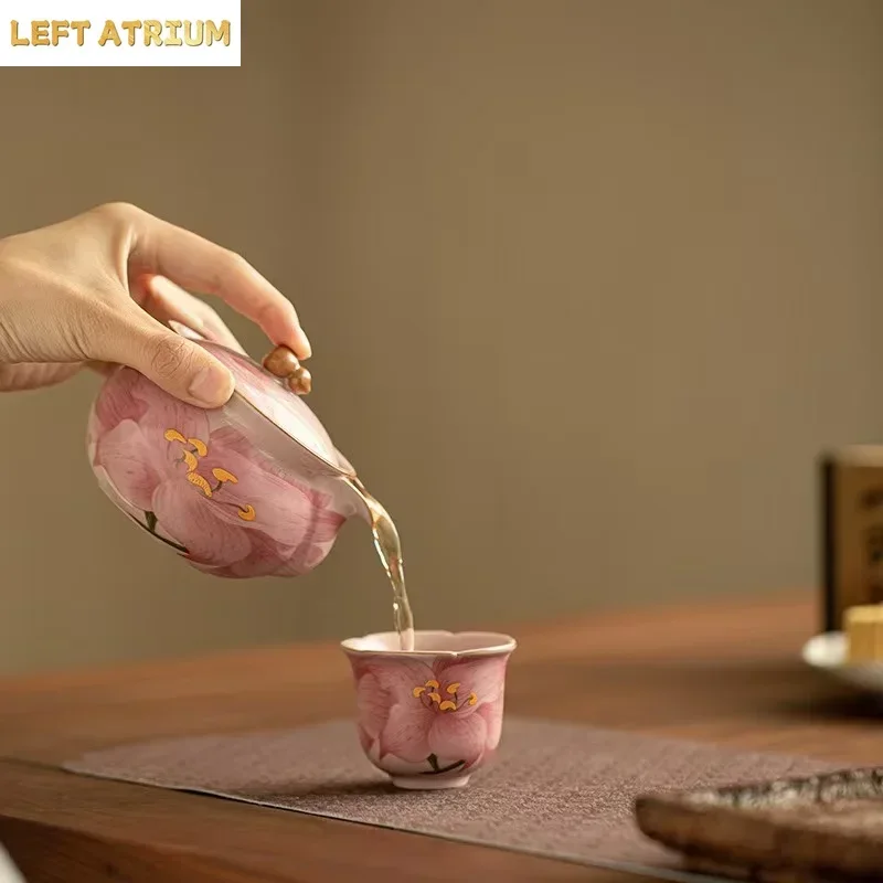 150ML Pink Ru Kiln Lily Teapot Imitation Song Hand Grab Pot National Gourd Ceramic Bottle Pot Not Hot Household Kung Fu Tea Set