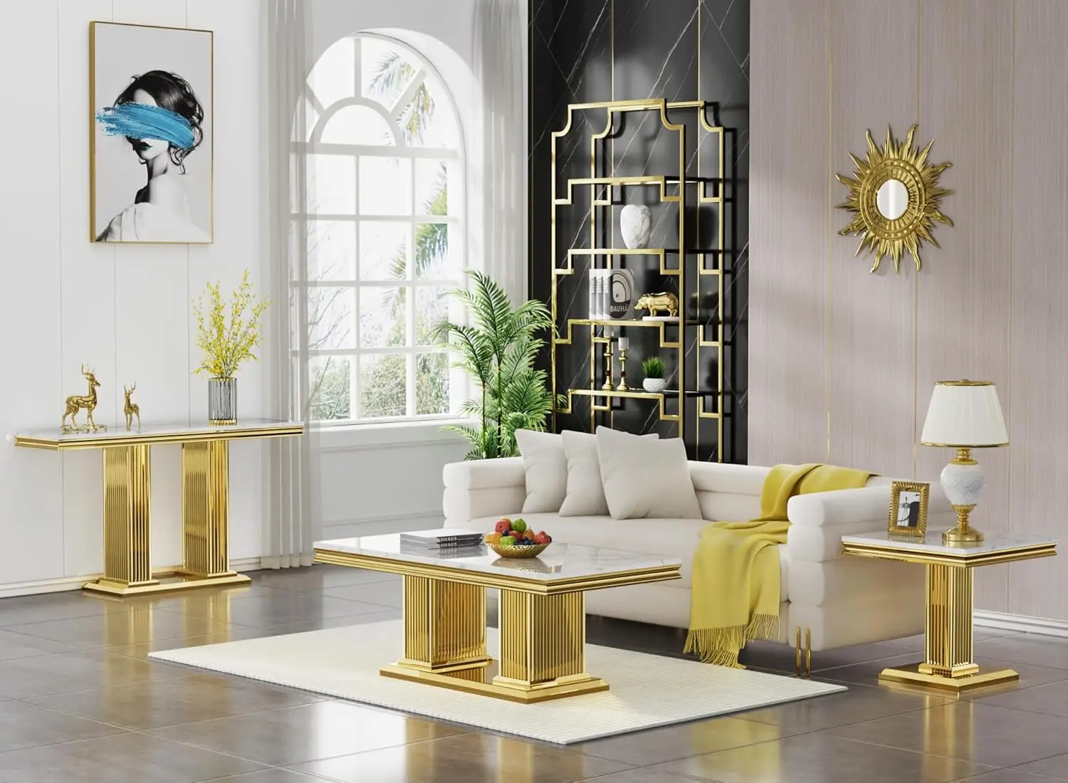 Mesa de console de mármore falso de 47 polegadas com base de aço inoxidável do pilar, mesa estreita retangular do sofá do acento da parte superior de mármore branco