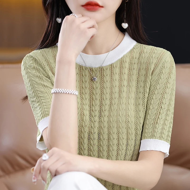 Women's T-shirt Spring/Summer Worsted Knitwear Casual Splicing Ladies' Tops Loose Round Neck Blouse Pullover Hollow Tees