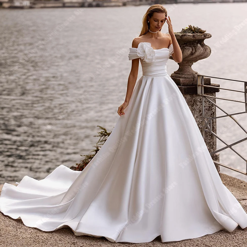 Elegante einfache A-Linie Frauen Brautkleider von der Schulter Vintage Brautkleider glänzende Satin Oberfläche Prinzessin Vestidos de Novias