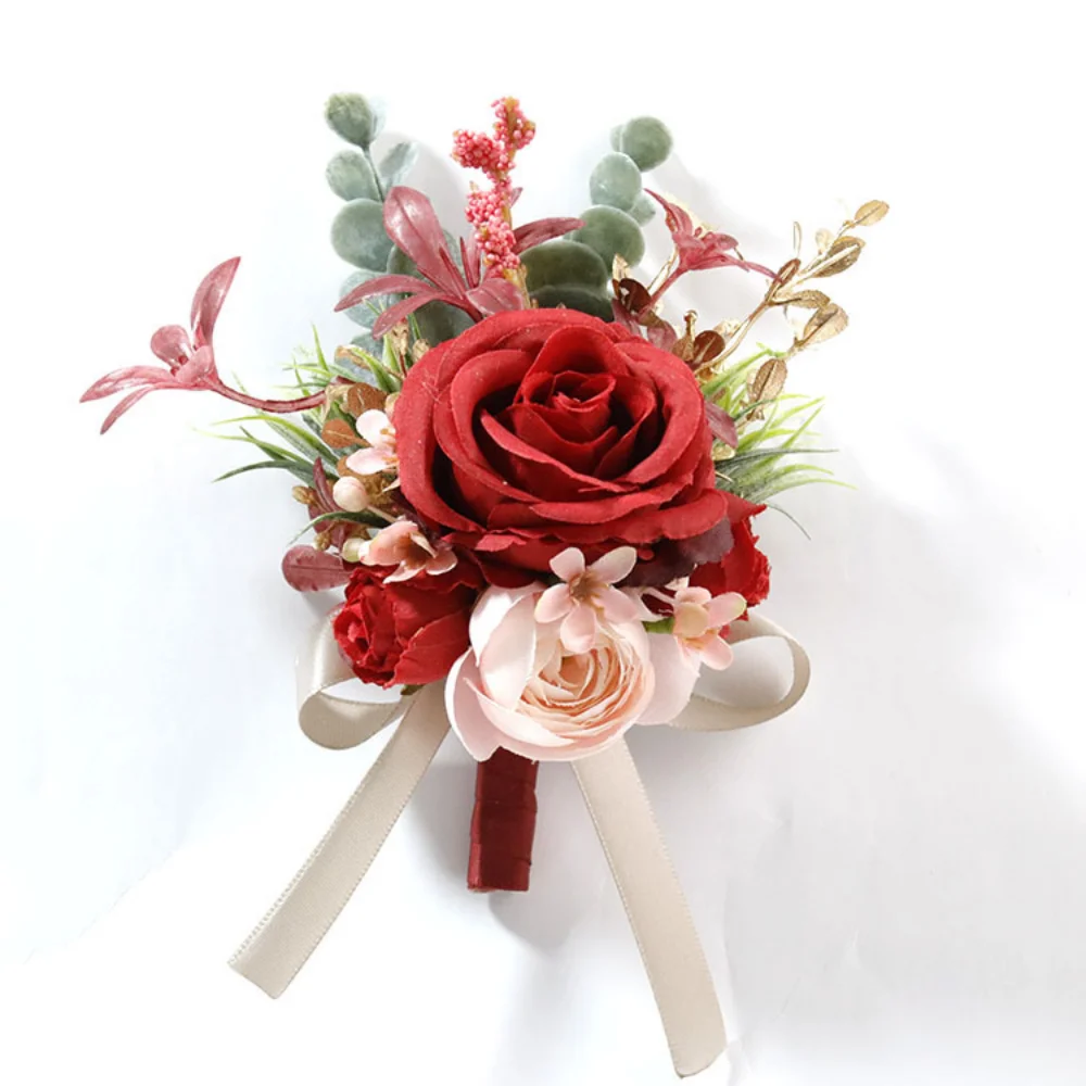 Women's Silk Rose Wedding Boutonnieres for Men Pins Red Flowers Buttonhole Corsage Wrist Wedding Accessories temoin mariage