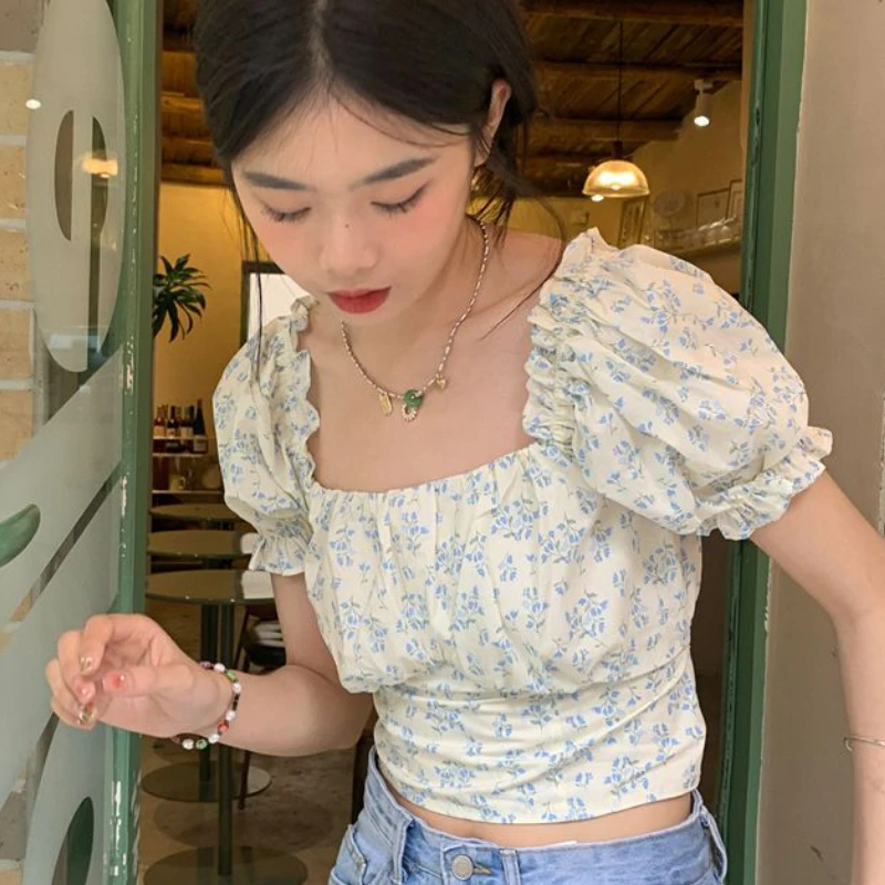 Blouses Women Puff Sleeve Fashion Casual Floral All-match Crop Tops Sweet Prairie Chic Thin Summer Ulzzang Tender Slim Simple