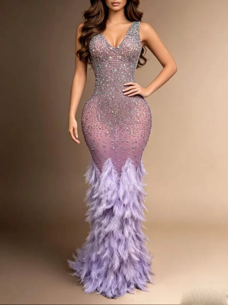 

High Quality Rhinestone Feather Skirt Sexy Vest Elastic Dress 2026 New Fashion Custom Women'S Clothing