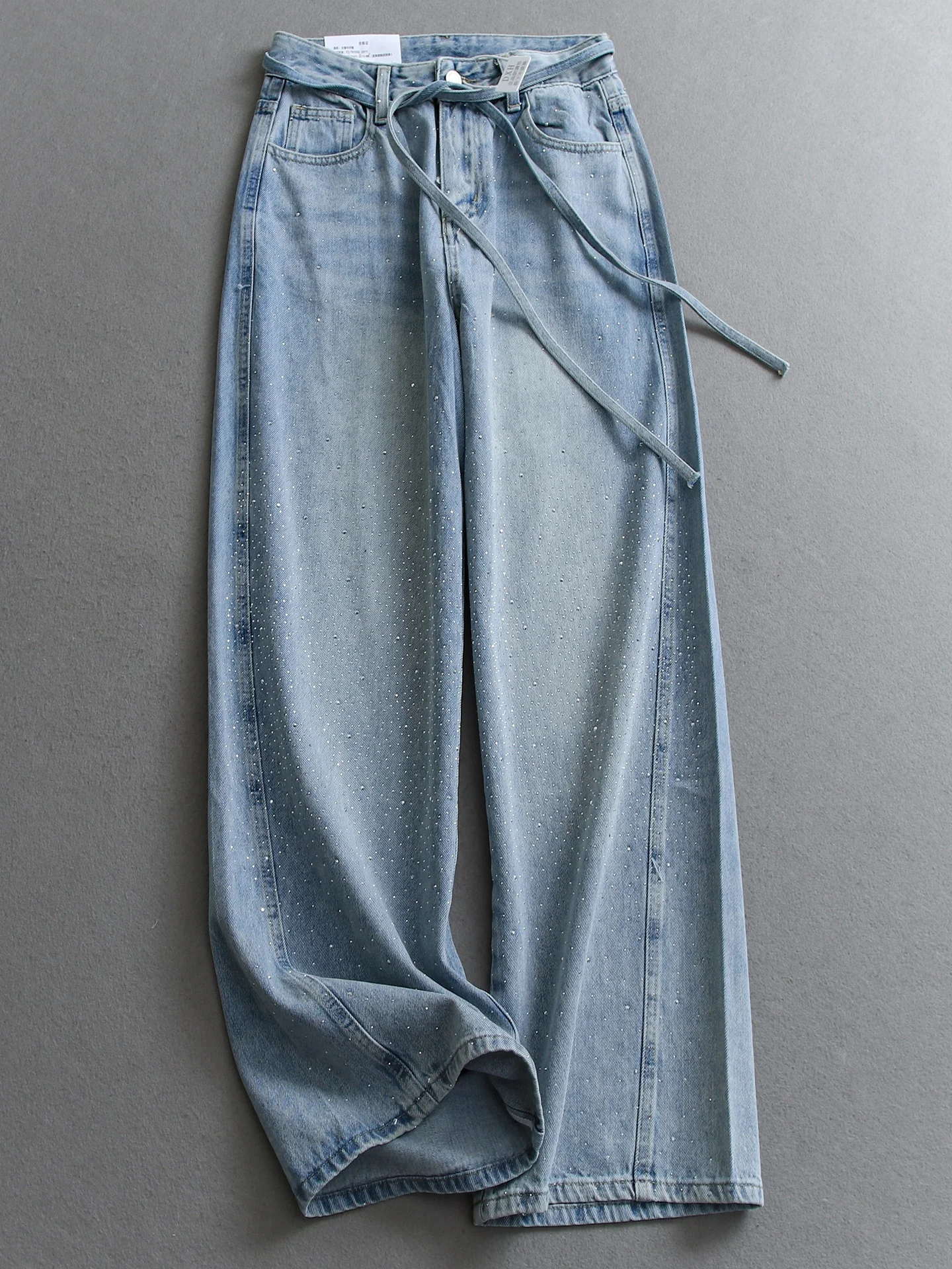 

High Waist Loose Wide Leg Pants Belted Straight Leg Jeans Women's Spring New Style Glittering Diamond Loose Fit High Waist