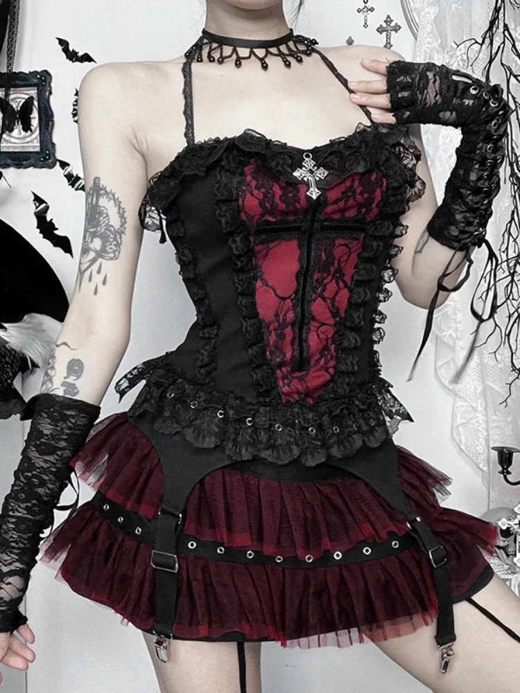 Y2K Gothic Red Lace Mesh Patchwork Mini Skirt Sexy Vintage Zipper Ballet Lolita Short Skirts Women Girls New Fashion Skirt
