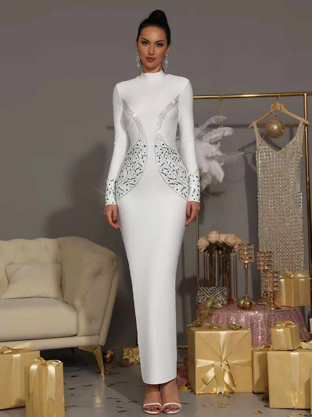 Modphy Elegant Women Diamond Celebrity Evening Bandage Maxi Dress White Long Sleeved Sexy Luxury Bodycon Cocktail Party Gown