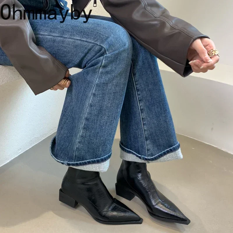 Pointed Toe Women Ankle Boots Fashion Thick Heel Slimming Short Booties Autumn Winter Soft Leather Female Shoes