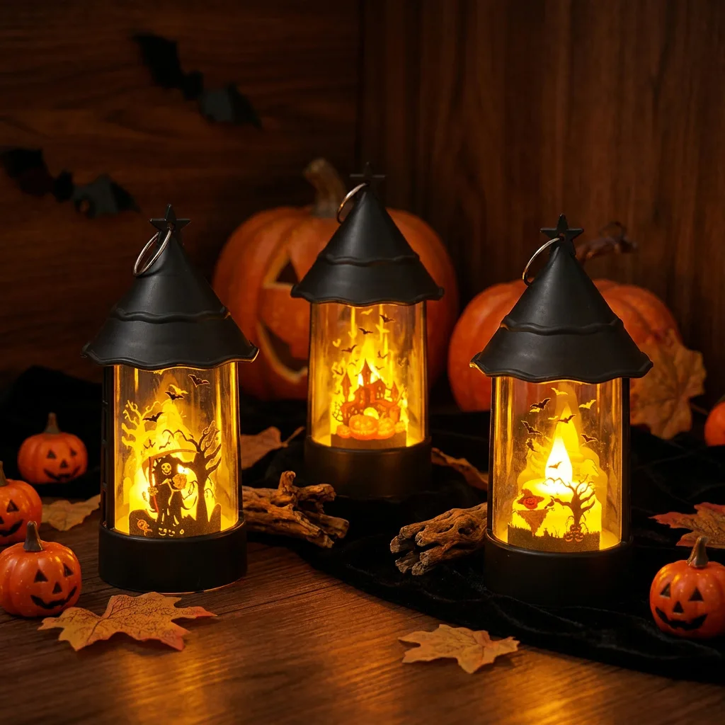 Halloween LED Lantern Haunted House Grim Reaper Scarecrow Candle Light Spooky Tabletop Hanging Decor for Home Party Outdoor