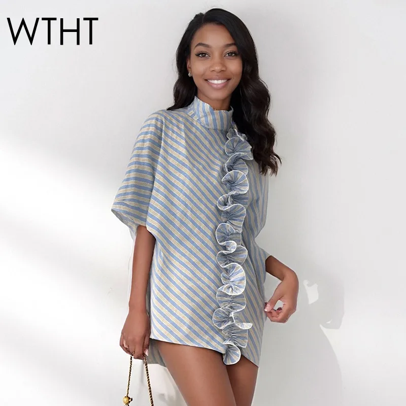 

WTHT новая модная женская полосатая рубашка с рюшами и краями, осень 2022, модная водолазка с длинными рукавами, женская блузка 1LS2561