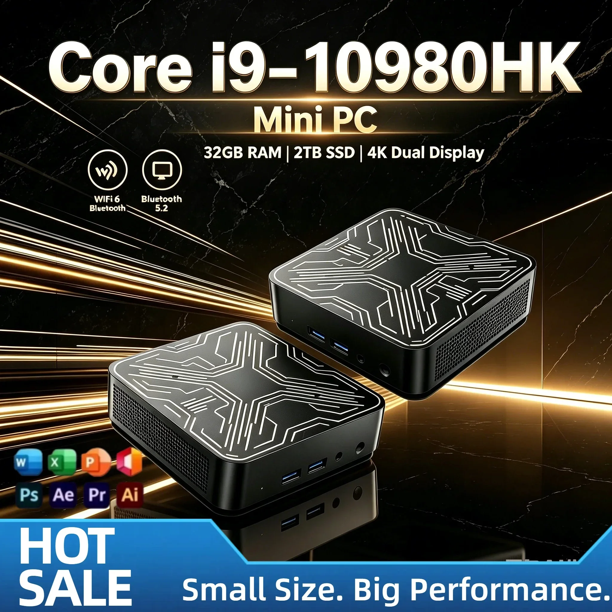 2026 Intel Core i9 10980HK Portable Mini PC 16GB DDR4 M.2 NVMe SSD Triple 4K WiFi6 Silent Cooling Office Home Desktop Computer