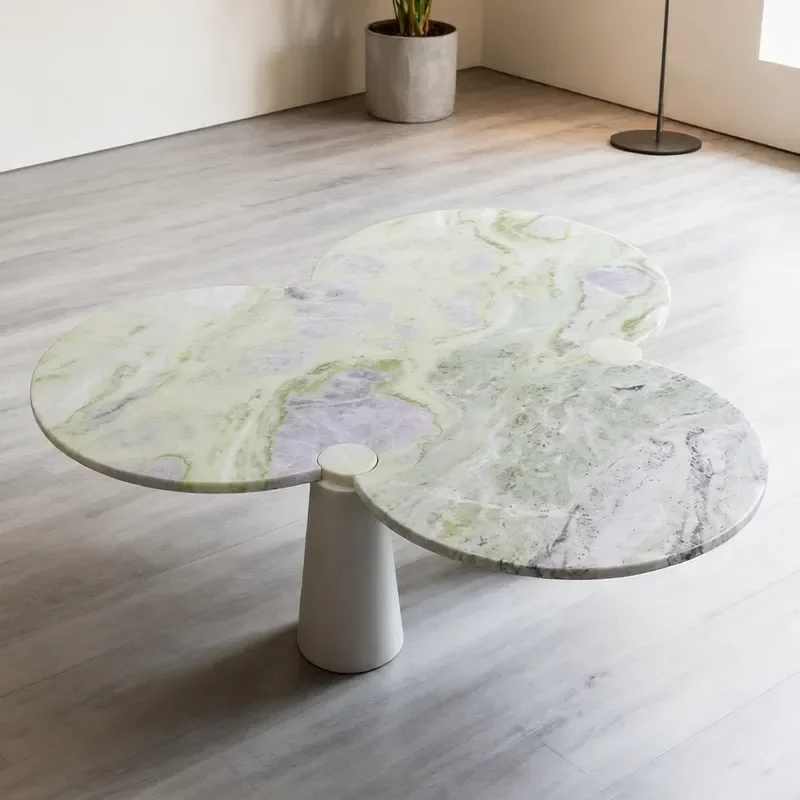 Green Three Petal Coffee Table with Natural Marble Cylindrical Legs Irregular Low Side Table for Living Room Modern Home