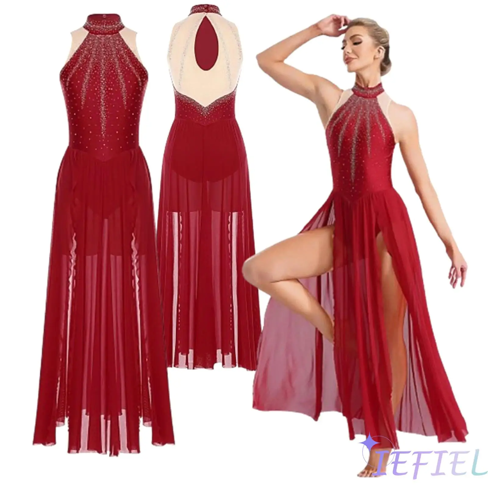 Women Girls Sleeveless Lyrical Dance Costume Contemporary Leotard Shiny Rhinestones High Split Dress Modern Ballroom Dancewear