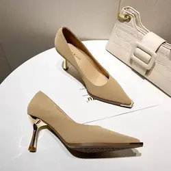 Women Shoes 2024 Spring Pumps Beige High Heels Work Dress Professional Pointed Wedge Sandals Ladies Shallow Mouth Latest 12cm Me