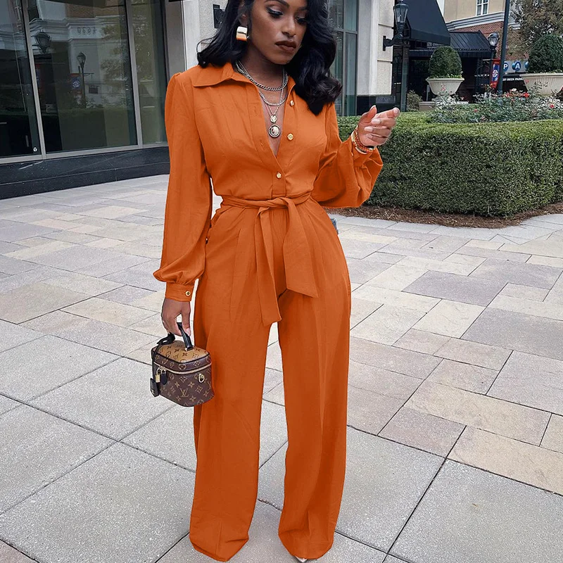 

Office Lady Bodycon Jumpsuit Women Long Sleeve Single Breasted Lace-UP Casual Sporty Rompers Cargo Pants One Piece Overalls Jog