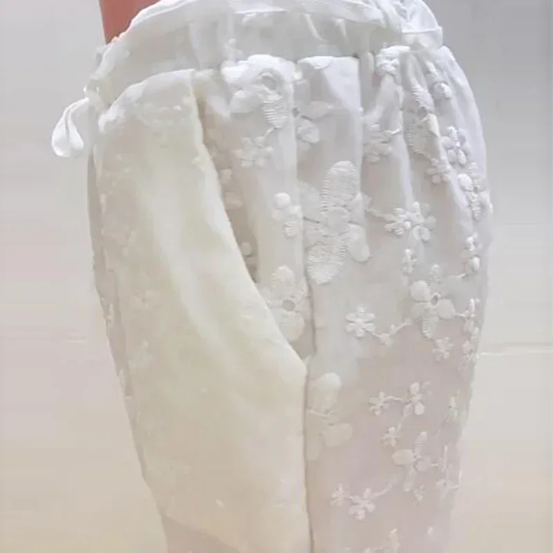 Fashion Casual Cotton Embroidered Ankle-length Pants Women Lace-Up Elegant Sweet Elastic Waist Pants Streetwear Trousers 26162