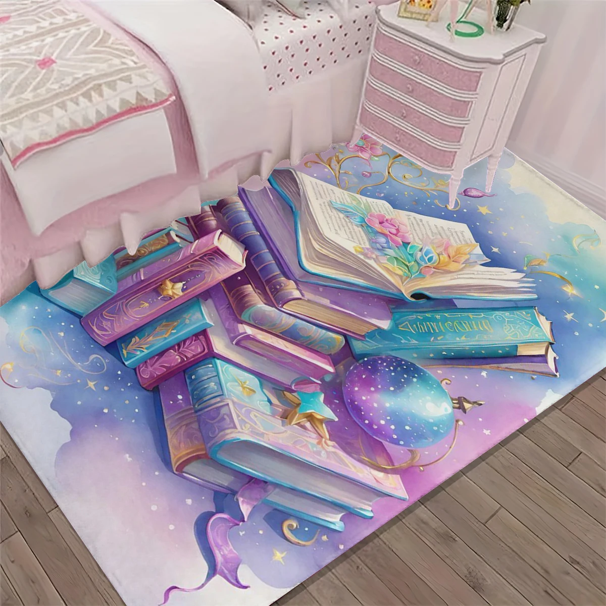 1Pc Romantic Galaxy Magic Book Floor Mat Beautiful Watercolor Floral Girly Heart Non-Slip Bedside Foot Mat