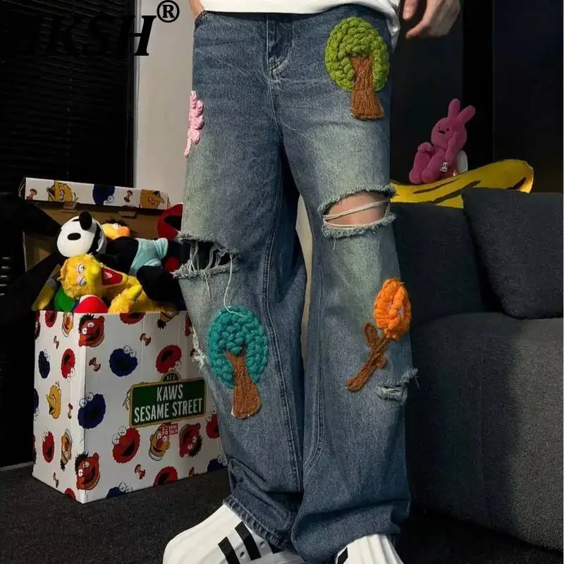 HKSH Ins Primavera Verão Novas Calças Jeans Masculinas com Patchwork e Rasgos, Estilo Vintage Chique, Jeans Retrô com Vibe Feminina Streetwear HK23010