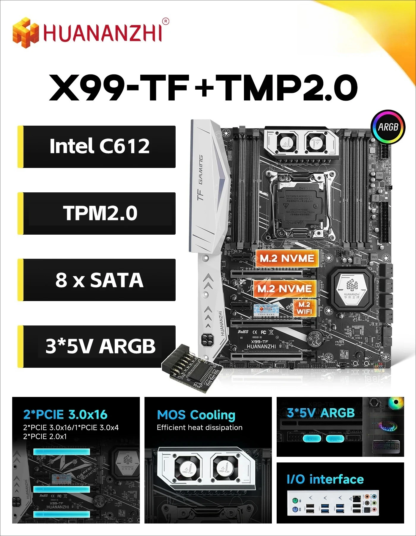 HUANANZHI X99 TF Motherboard LGA 2011-3 XEON X99 Support Intel E5 V3 V4 Series DDR3 DDR4 RECC NON-ECC Memory NVME ARGB TPM