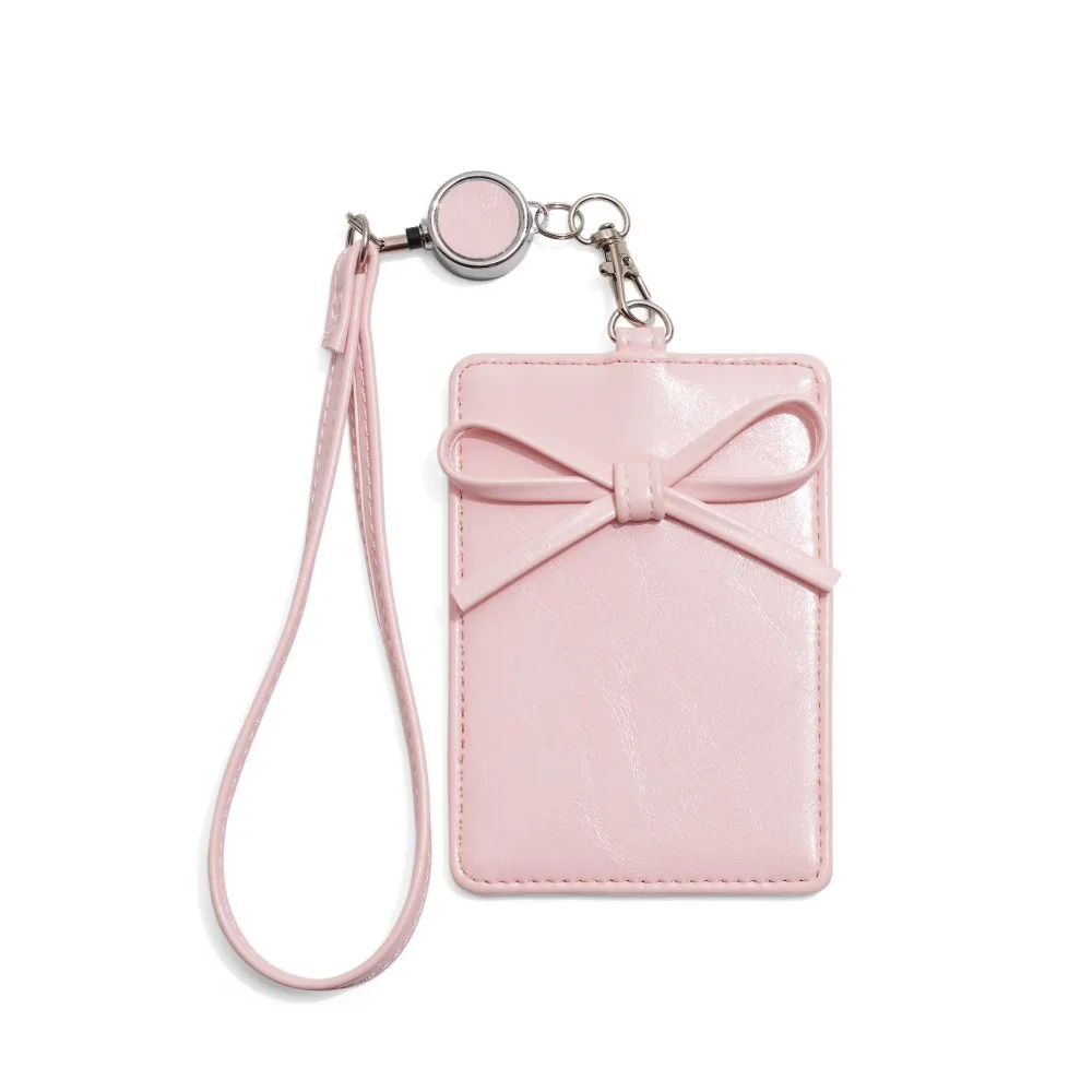 

PU Leather Bow Leather Card Holder Retractable Bowknot Work Card Cover Name Tag Scalable Bus ID Holders Bank Credit Card