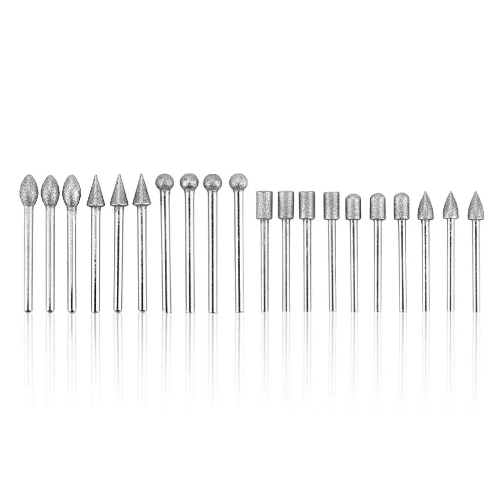 20pcs Grinding Bit Diamond Burr With 3mm Shank For Carving Grinding Engraving Jade Rotary Tools Replacement Accessories