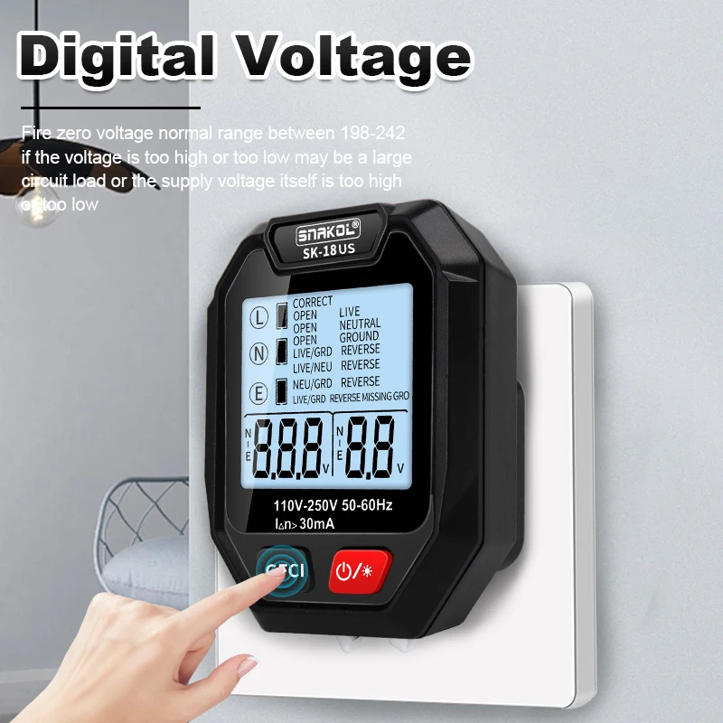 Imagem -05 - Snakol-tomada Digital Tomada Tester Tensão ac Detectar Teste Rcd Fase de Polaridade Verifique Circuit Checker Bicolor Backlight 30ma