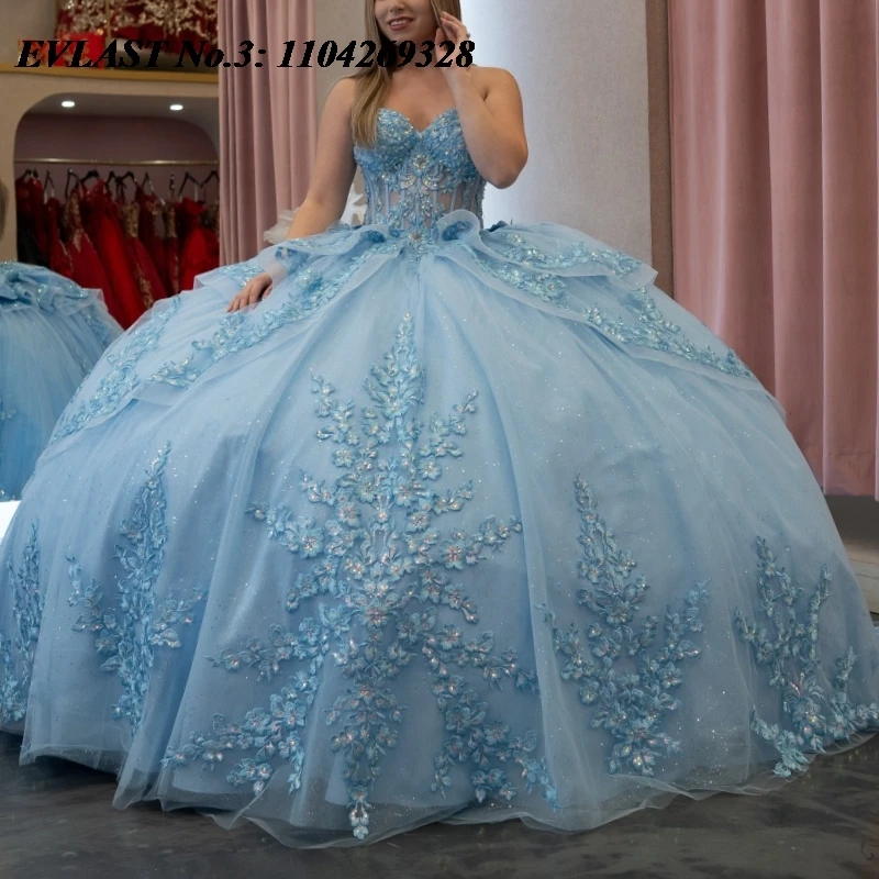 

EVLAST Customized Sky Blue Quinceanera Dress Ball Gown Applique Flower Beading Bow Corset Sweet 16 Vestidos 15 De Anos E3Q835
