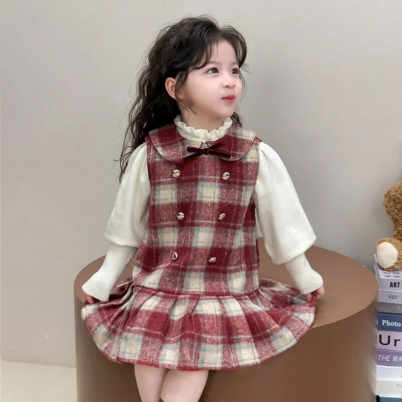 Girls' Velvet Dress Autumn/Winter New Children's Princess Skirt Stylish Baby Woolen Vest Skirt Set