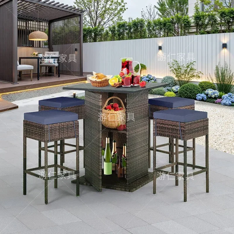 Wicker Rattan Bar Table and Chair Set Outdoor Patio Garden Bistro High Top Furniture for Hotel Lounge