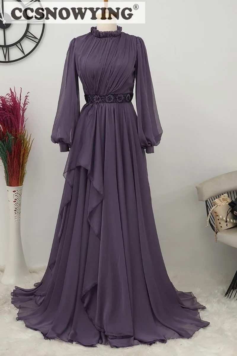 

Grape Chiffon Long Sleeve Muslim Evening Dresses A Line Pleats Islamic Formal Party Gown Women Hijab Kaftan Robe De Soiree